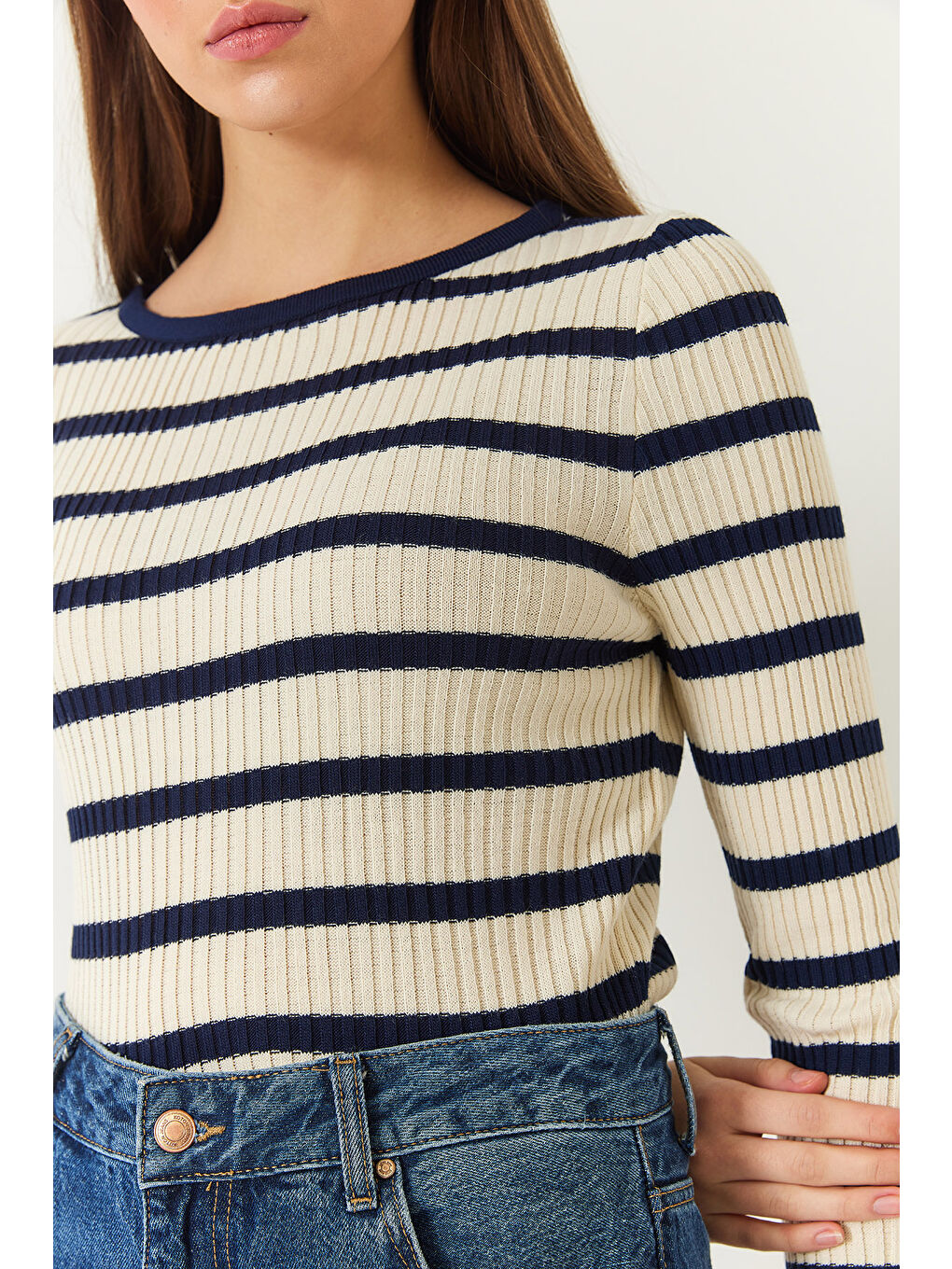 Lacivert Kadın Çizgili Kazak-4