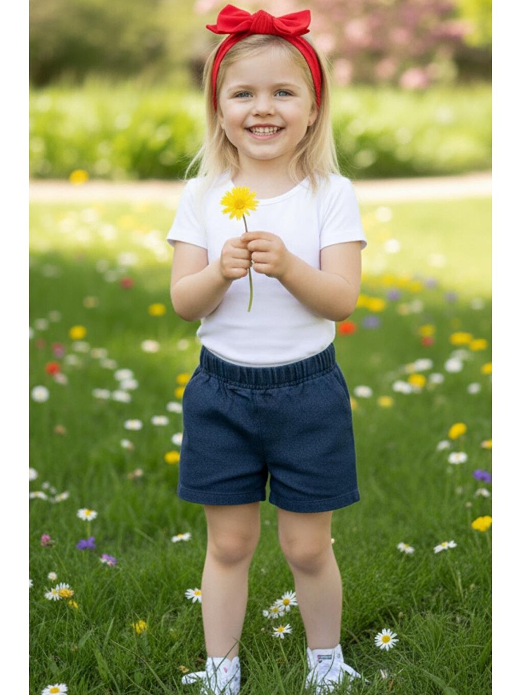 Kız Çocuk İndigo Jean Şort Kırmızı Dev fiyonk Bandana-2