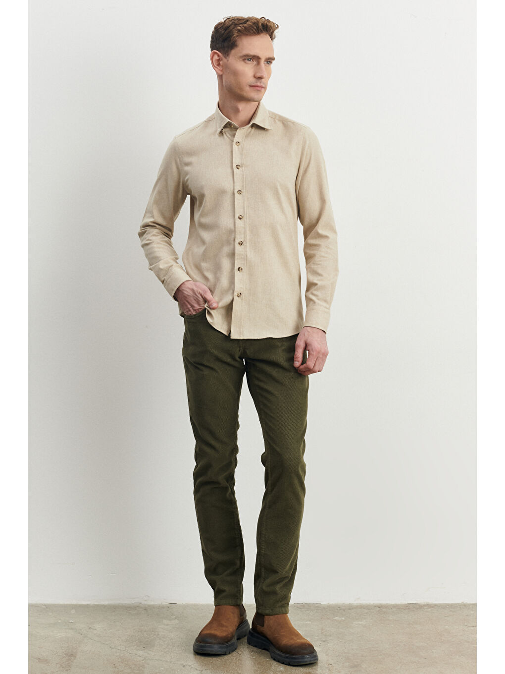 Erkek Haki Slim Fit Dar Kesim Esnek Kadife Pantolon-1