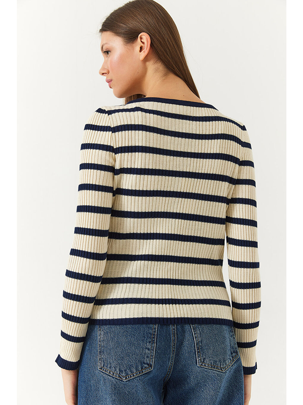 Lacivert Kadın Çizgili Kazak-5