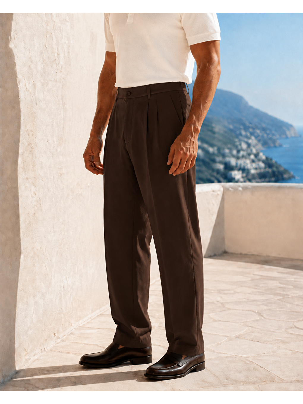 Erkek Baggy Fit Pileli Kumaş Pantolon Kahverengi 0172dngr-2