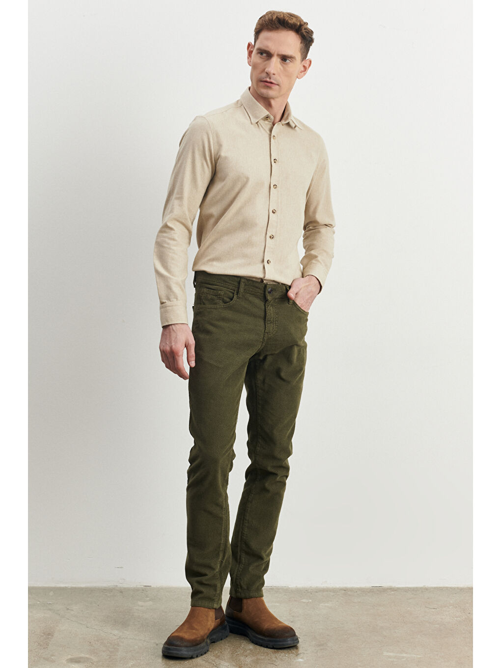 Erkek Haki Slim Fit Dar Kesim Esnek Kadife Pantolon-2