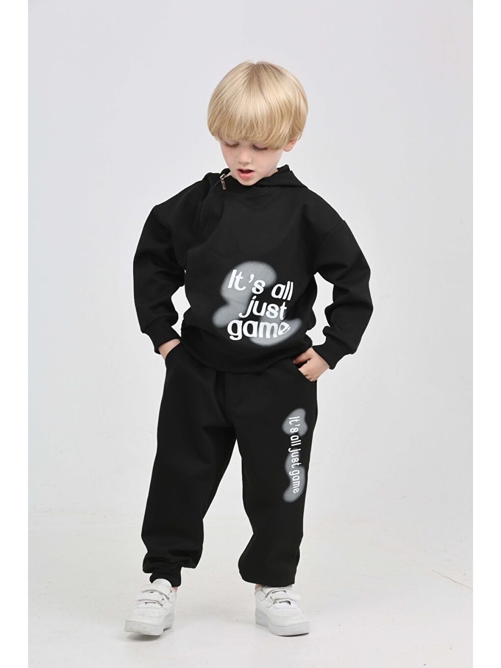 Siyah Erkek Çocuk Yaka Fermuarlı Eşofman Takım-4