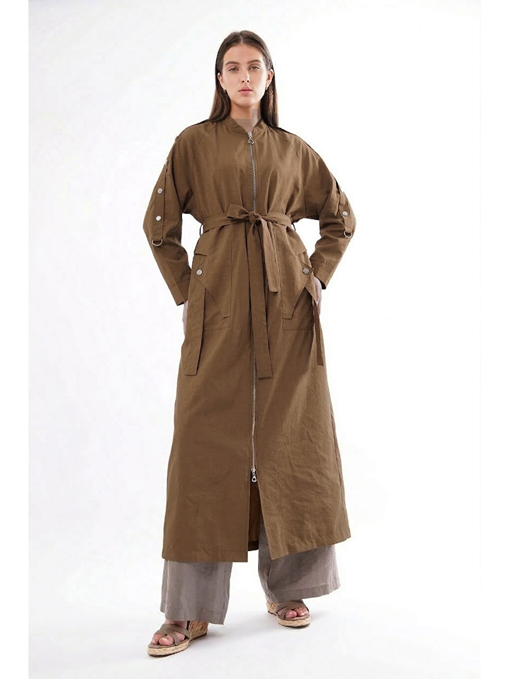 Kolu Çıtçıt Detay Önden Fermuarlı Safari Kap Ceket 820 Kahverengi