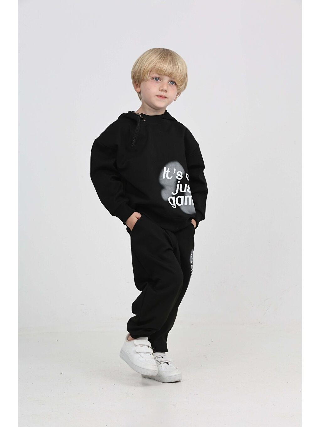 Siyah Erkek Çocuk Yaka Fermuarlı Eşofman Takım-5
