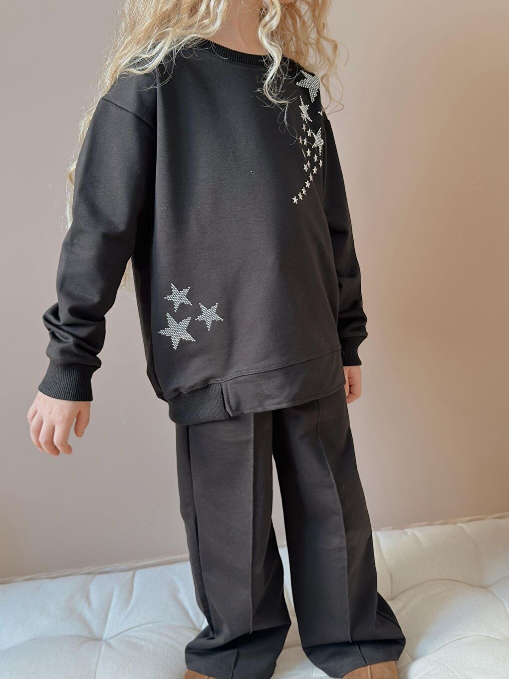 Kız Çocuk Yıldız Taş Baskılı Siyah Eşofman Takımı-1