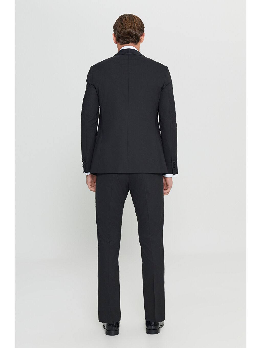 Erkek Siyah Yünlü Slim Fit Çıkma Şal Yaka Kapak Cepli Yelekli Damatlık Smokin Takımı-7