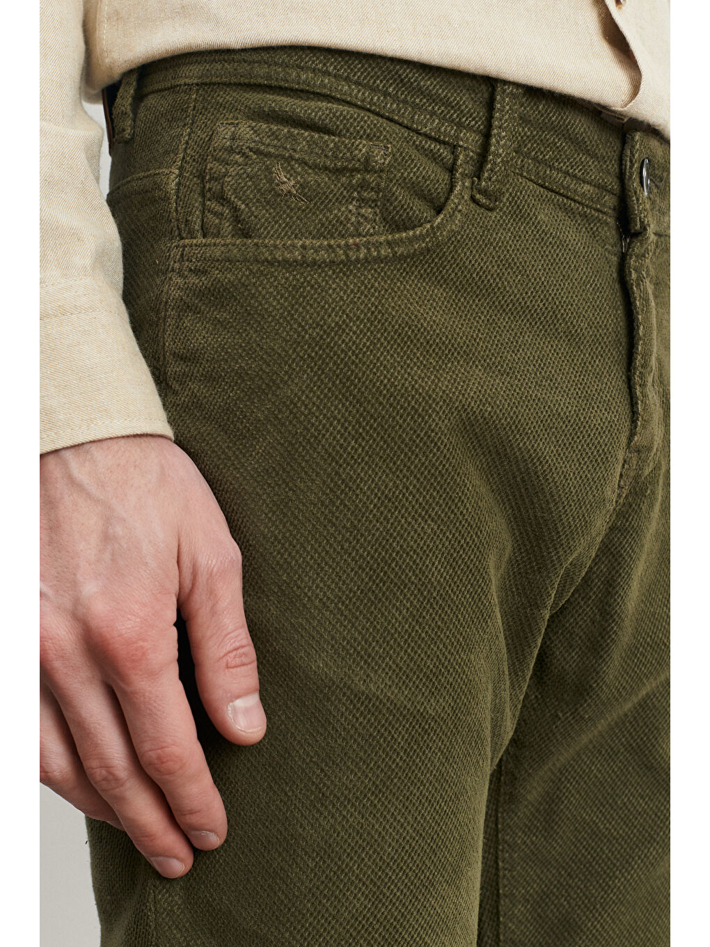 Erkek Haki Slim Fit Dar Kesim Esnek Kadife Pantolon-3
