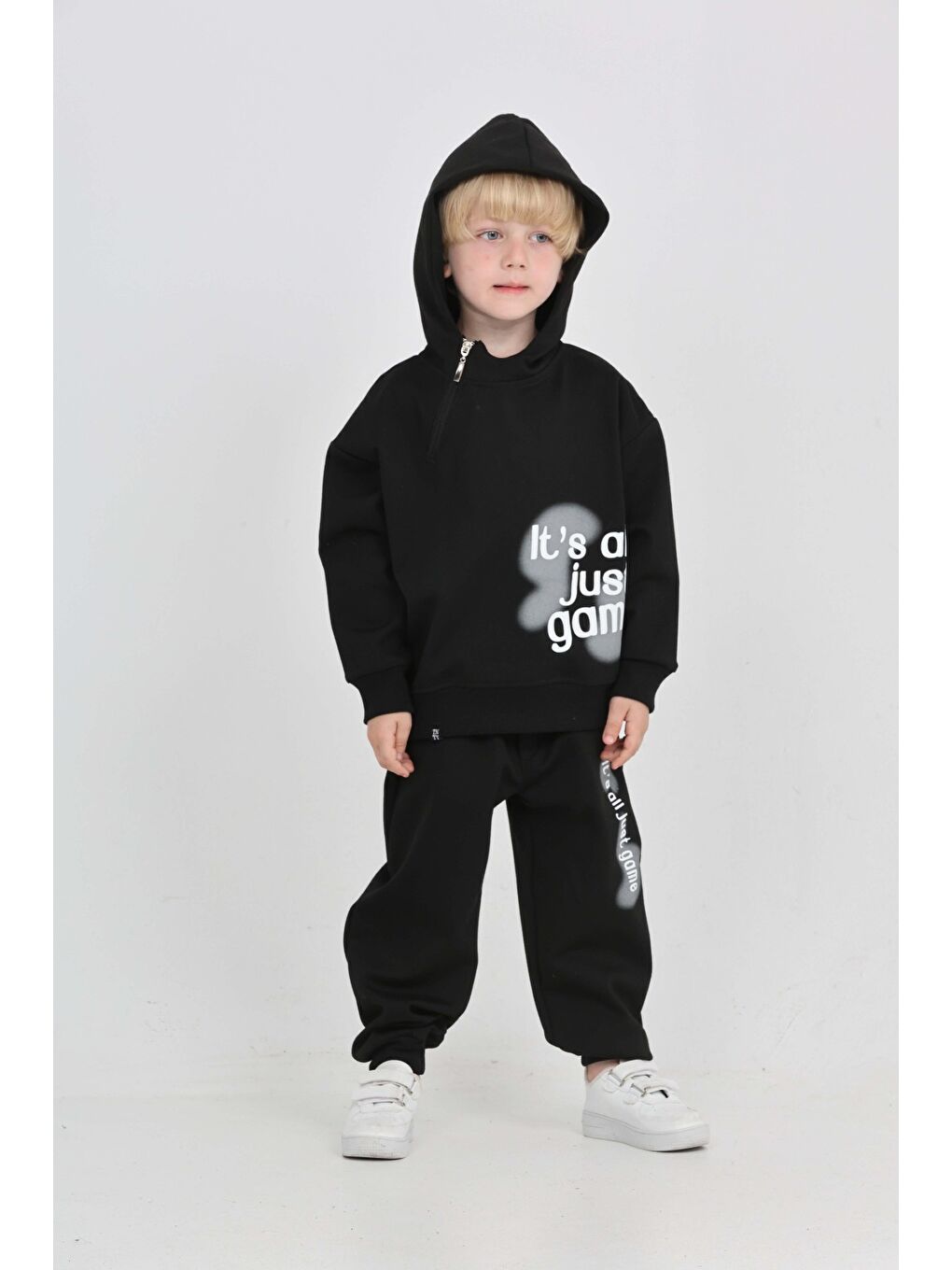 Siyah Erkek Çocuk Yaka Fermuarlı Eşofman Takım-6