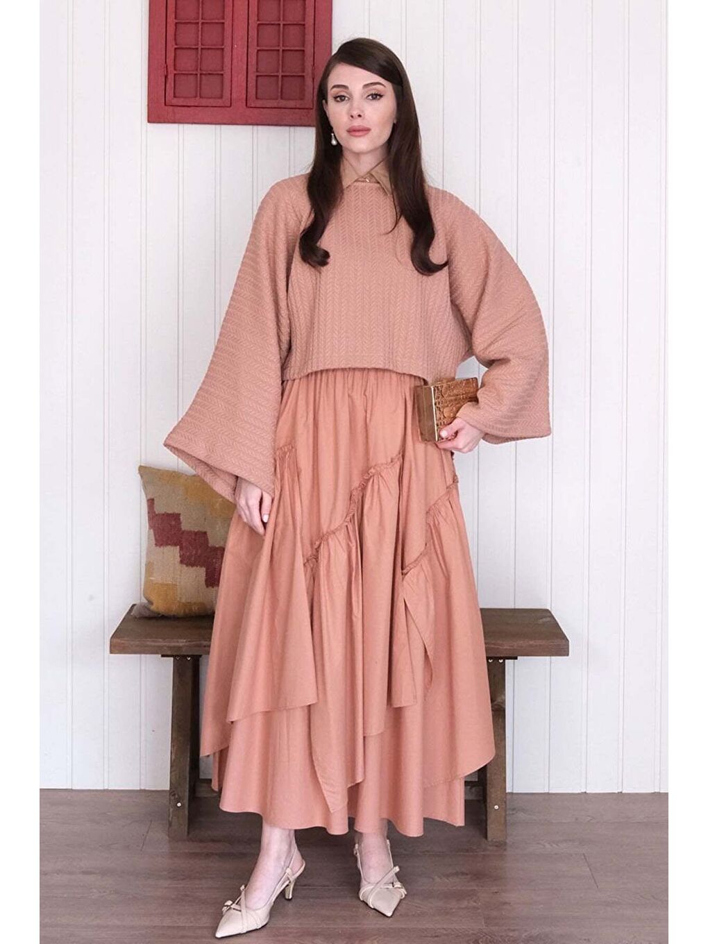 Pembe Somon Yarasa Kol Triko Crop Somon Kat Detay Bohem Etek