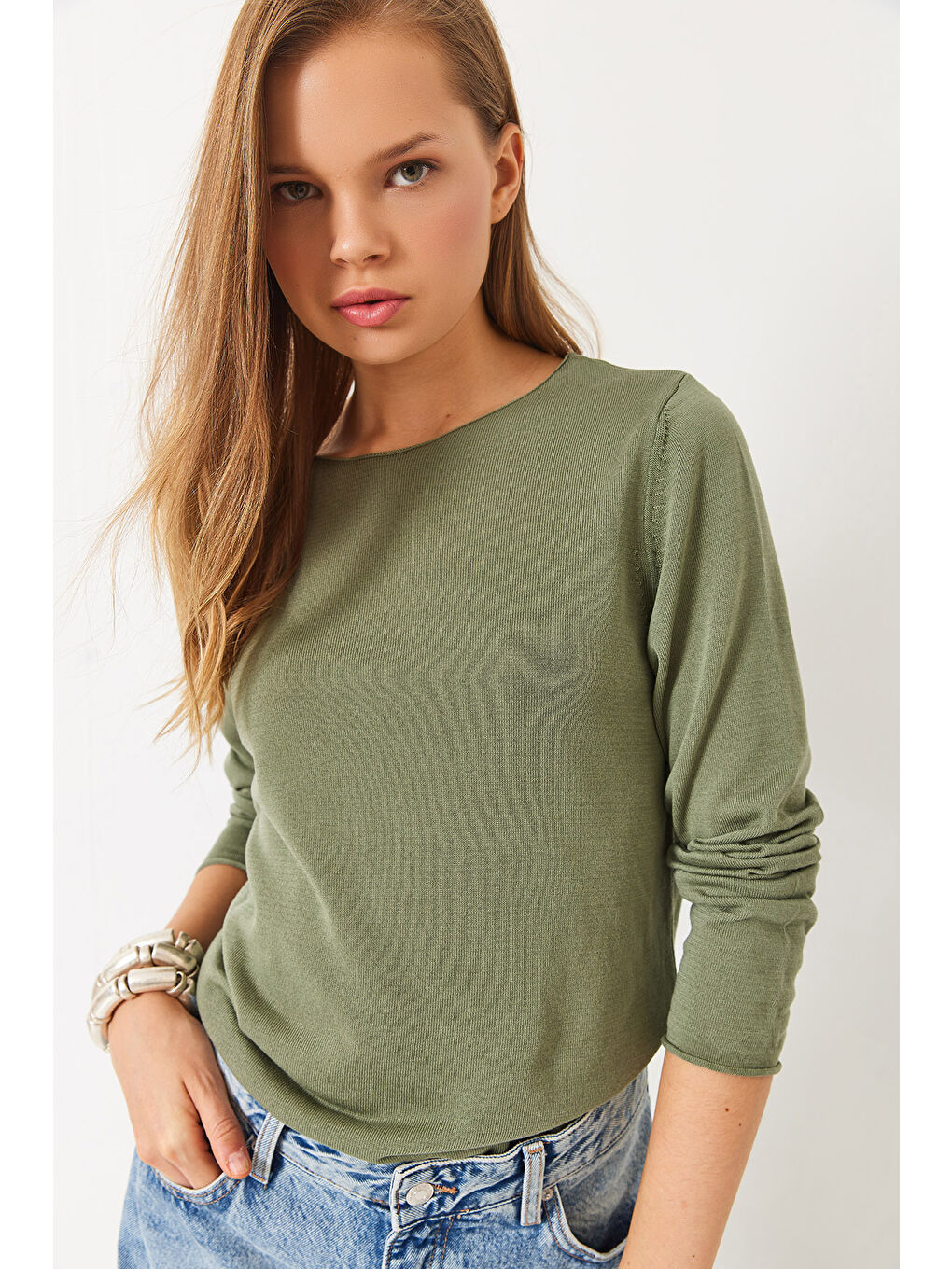 Haki Kadın Kayık Yaka Transparan Basic Bluz TK