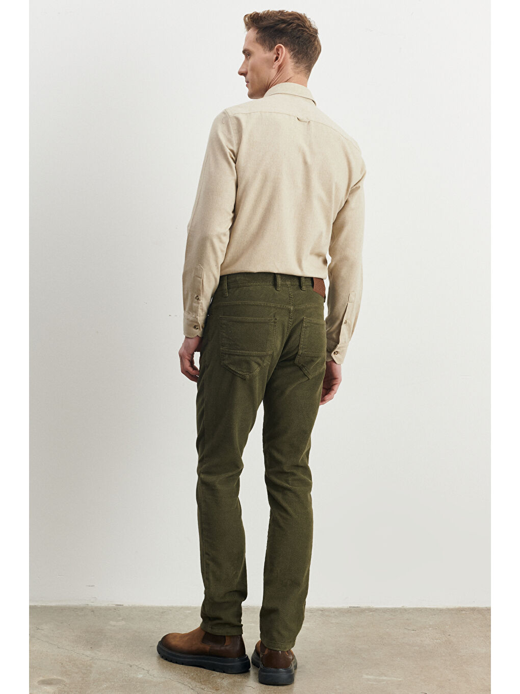 Erkek Haki Slim Fit Dar Kesim Esnek Kadife Pantolon-4