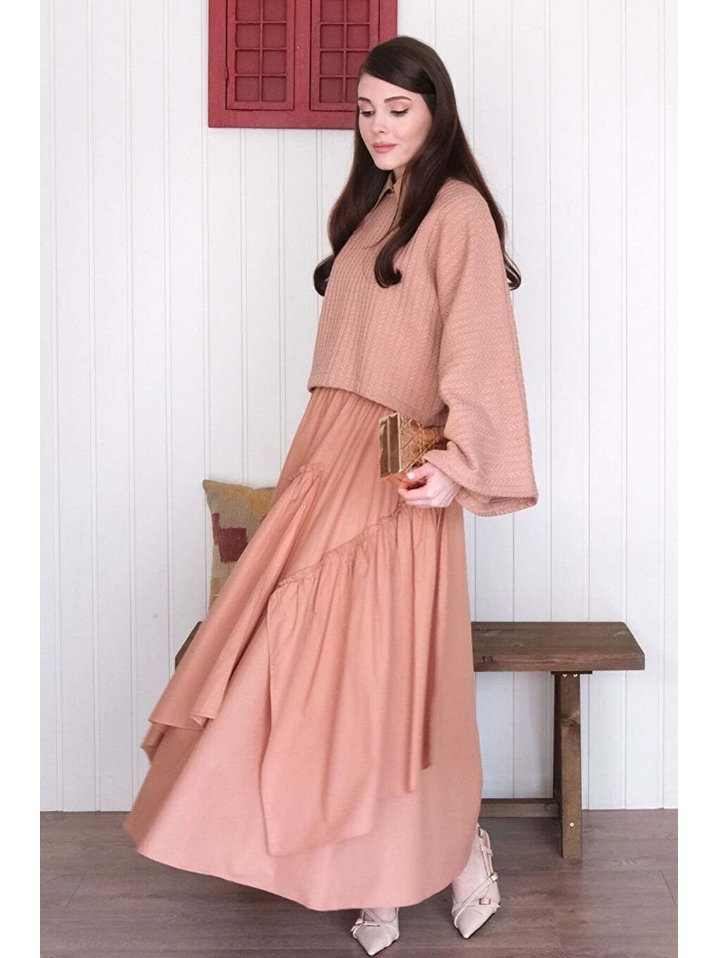 Pembe Somon Yarasa Kol Triko Crop Somon Kat Detay Bohem Etek-2