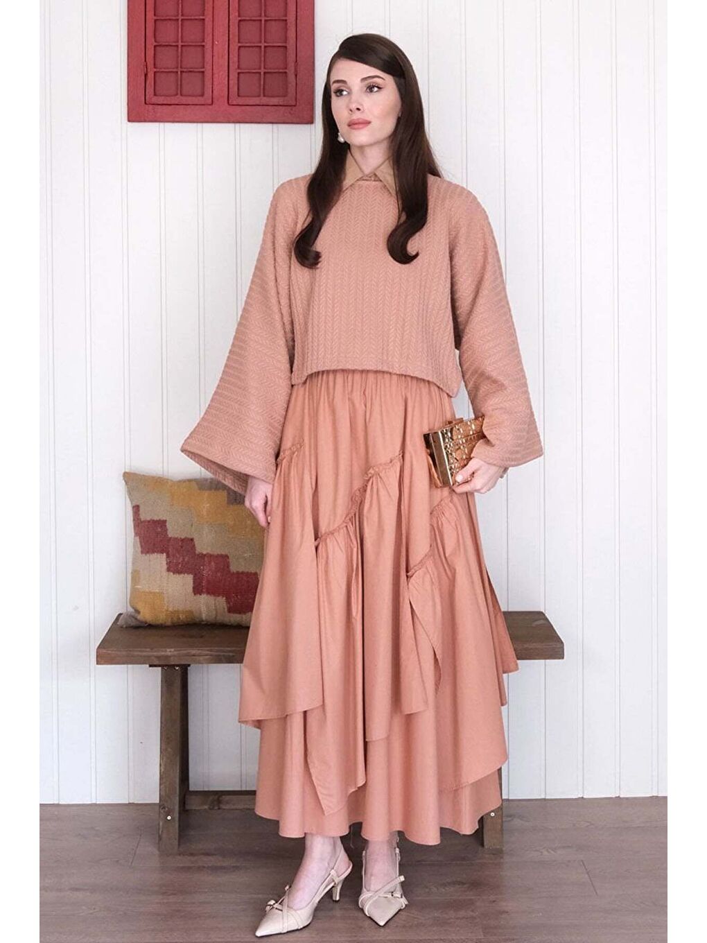 Pembe Somon Yarasa Kol Triko Crop Somon Kat Detay Bohem Etek-3