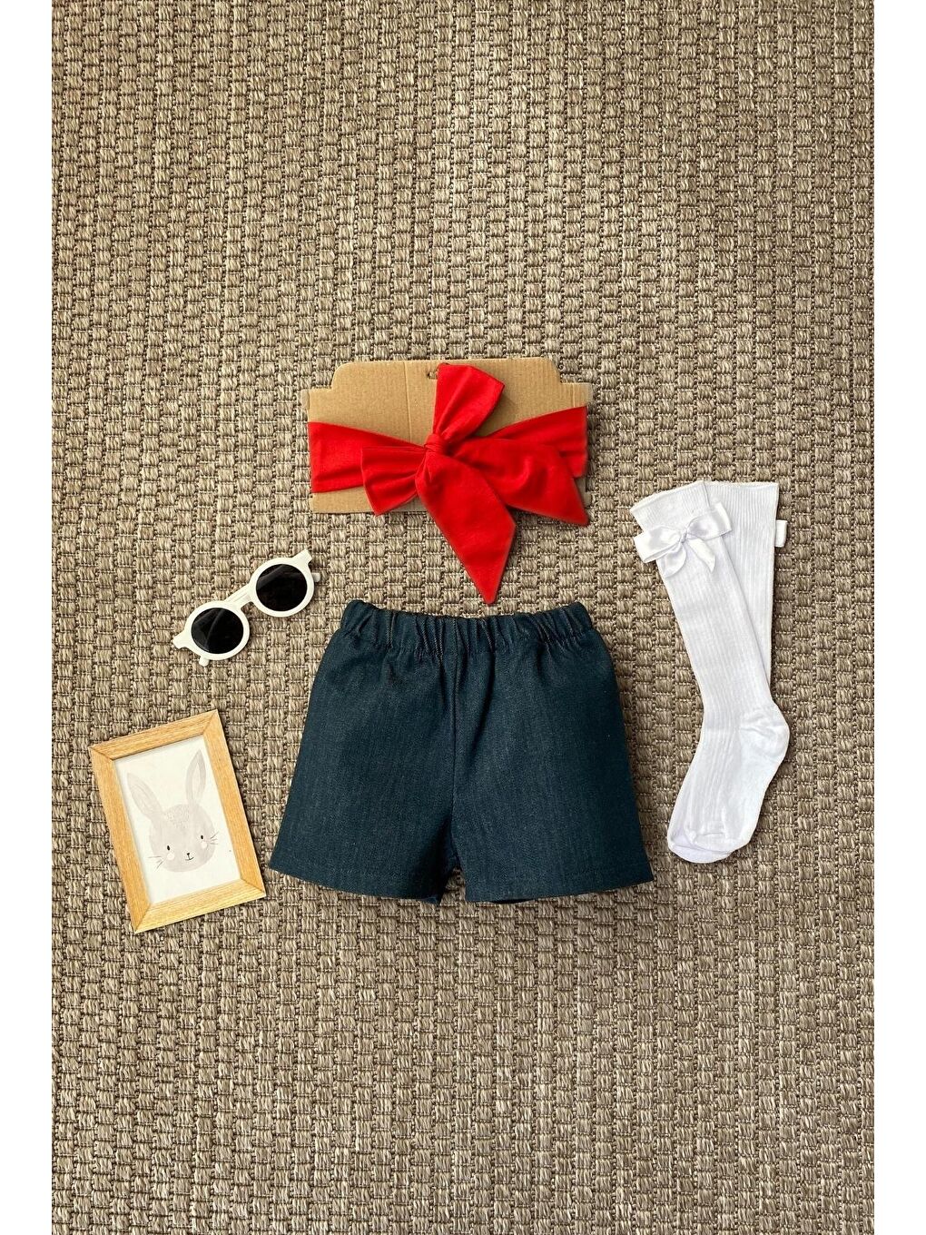 Kız Çocuk İndigo Jean Şort Kırmızı Dev fiyonk Bandana-4