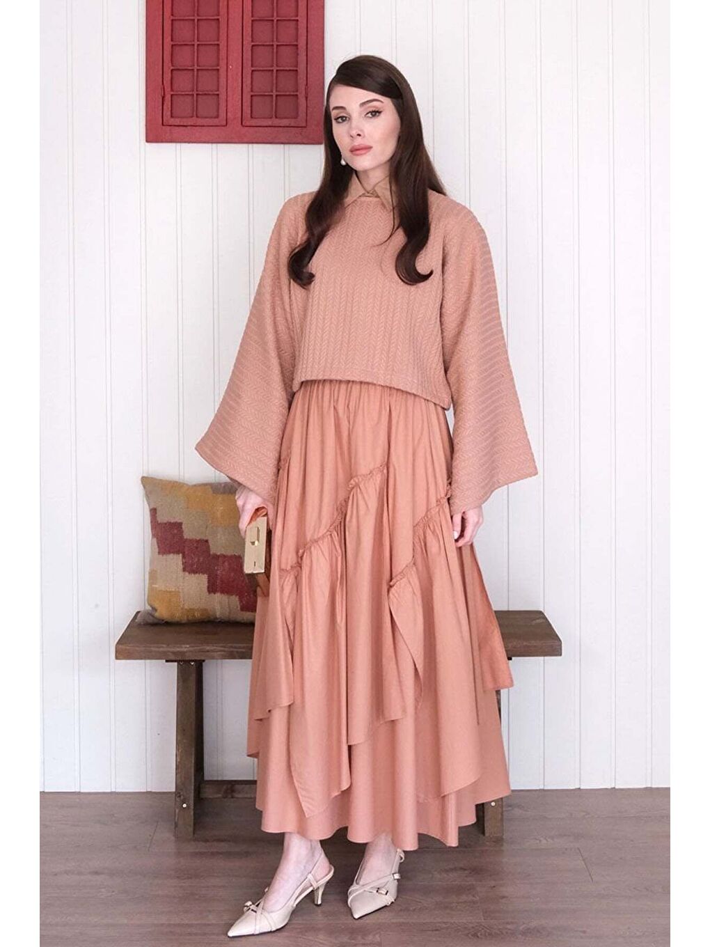 Pembe Somon Yarasa Kol Triko Crop Somon Kat Detay Bohem Etek-5