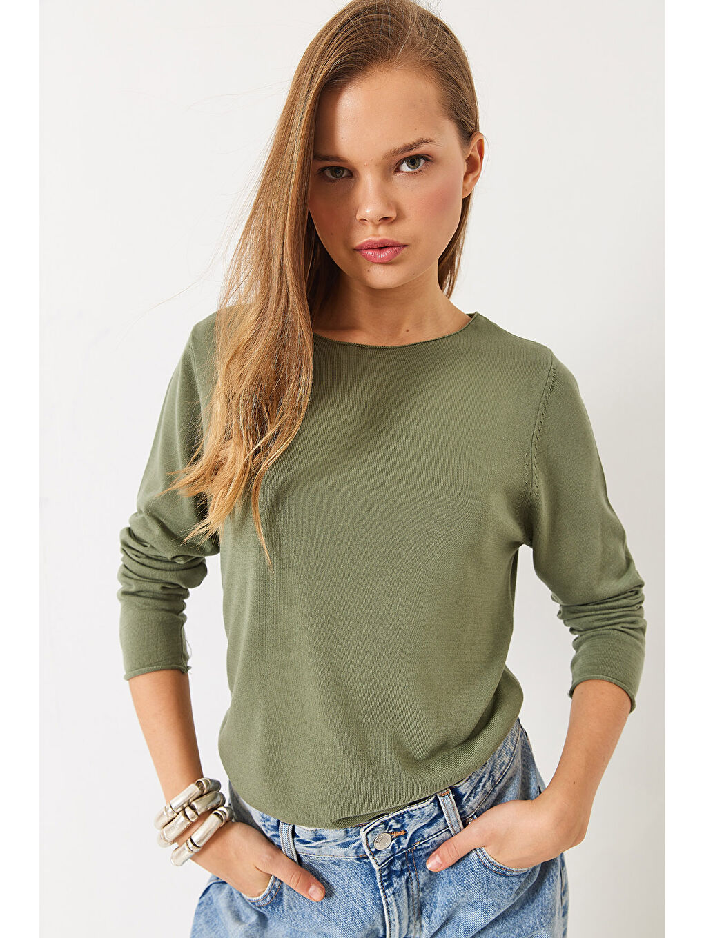 Haki Kadın Kayık Yaka Transparan Basic Bluz TK-2