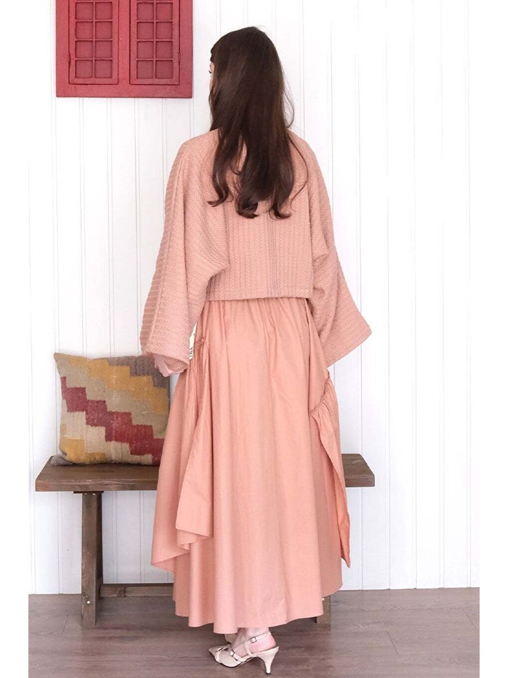 Pembe Somon Yarasa Kol Triko Crop Somon Kat Detay Bohem Etek-6