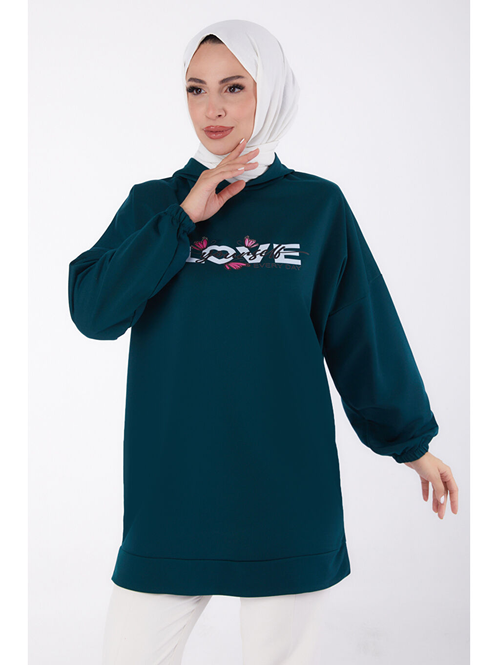 Yeşil Baskılı Sweatshirt Zümrüt - 13330-1