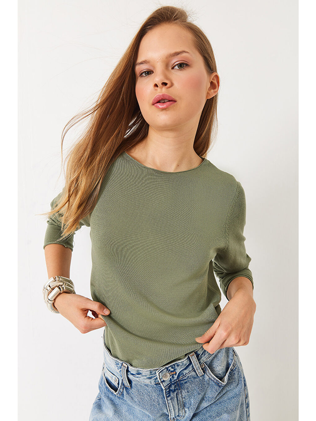 Haki Kadın Kayık Yaka Transparan Basic Bluz TK-3