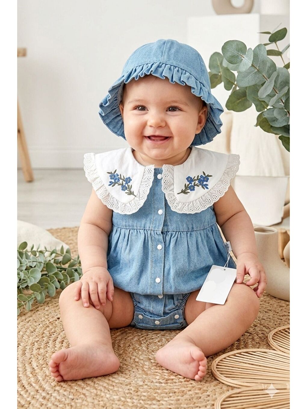 Beyaz Nakışlı Bebe Yaka Jean Bebek Tulumu Ve Şapka Takımı