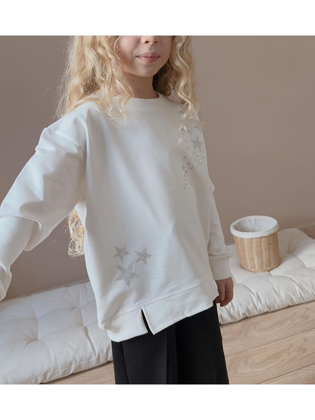 Kız Çocuk Yıldız Taş Baskılı Beyaz Eşofman Takımı-1