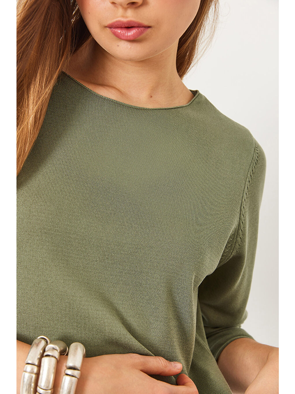 Haki Kadın Kayık Yaka Transparan Basic Bluz TK-4