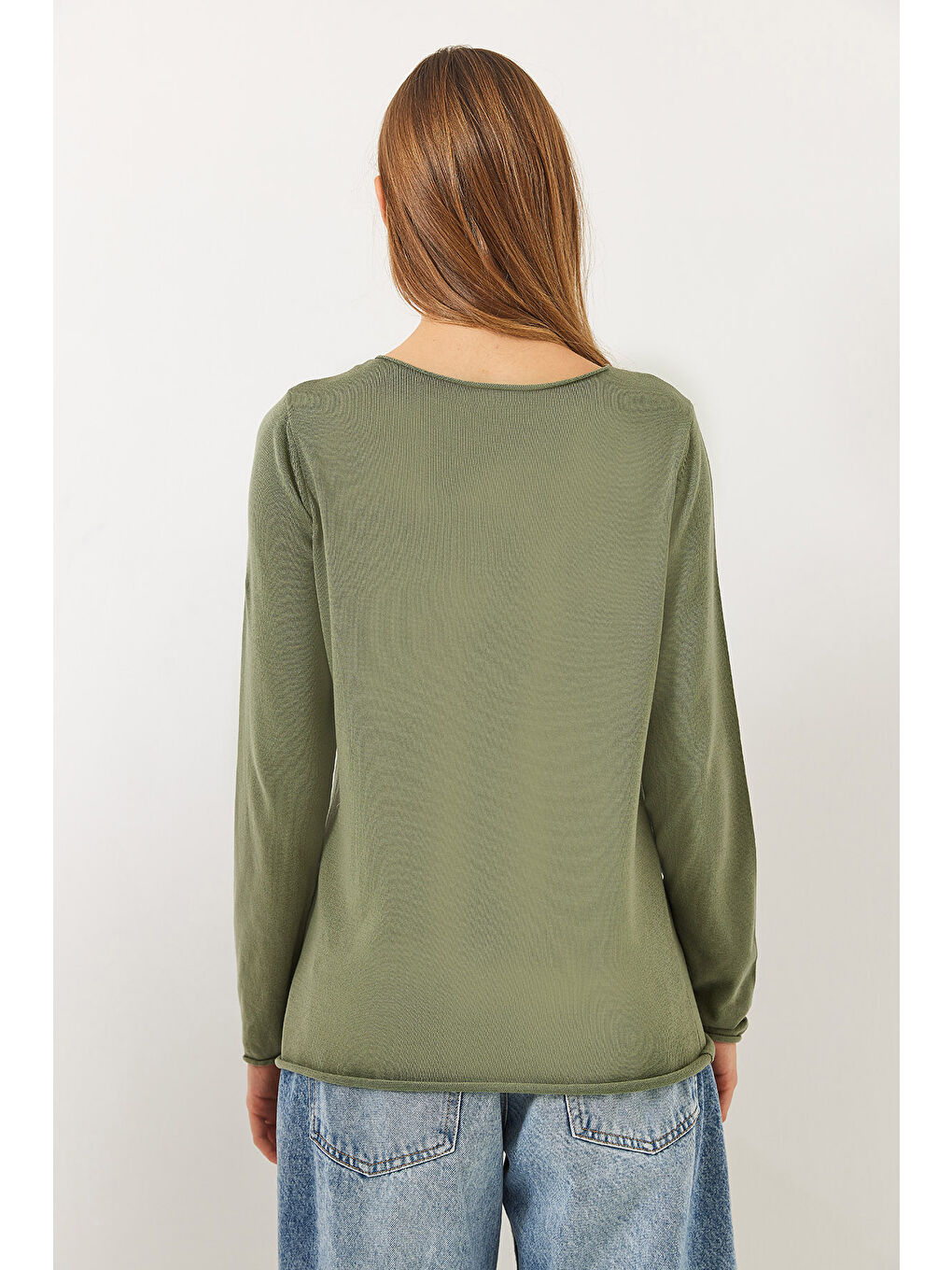 Haki Kadın Kayık Yaka Transparan Basic Bluz TK-5