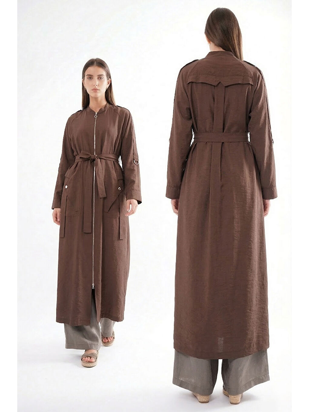 Kolu Çıtçıt Detay Önden Fermuarlı Safari Kap Ceket 820 Kahverengi-1