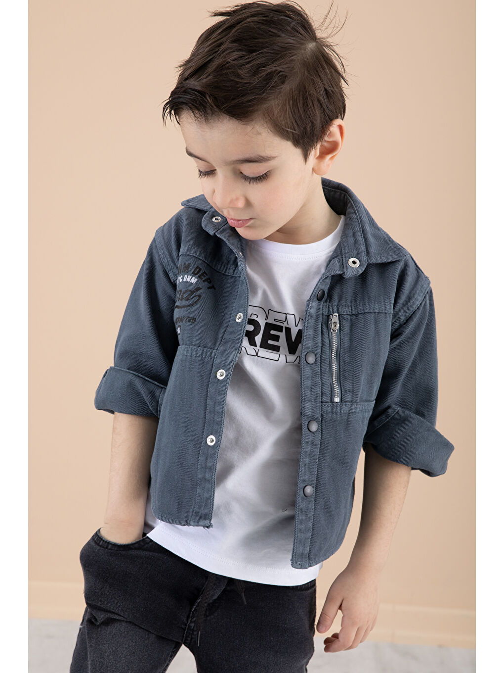 Erkek Çocuk İndigo Fermuar Cepli Yazı Baskılı Tişörtlü Ceket 20089-1