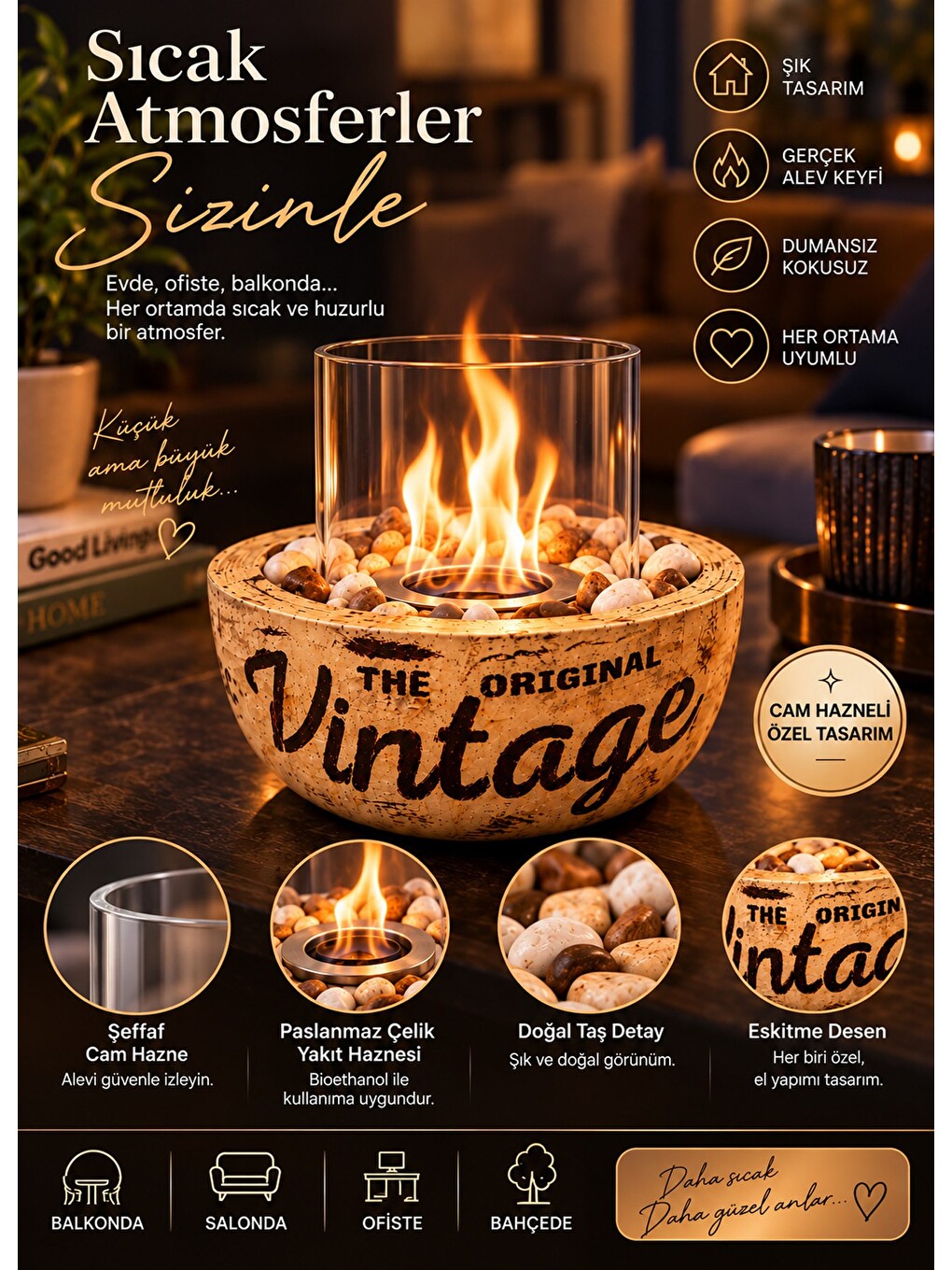Home-300c Cam Hazneli Vintage Eskitme Desen El Yapımı Masa Şöminesi Ateş Çukuru(500ml Bioeth