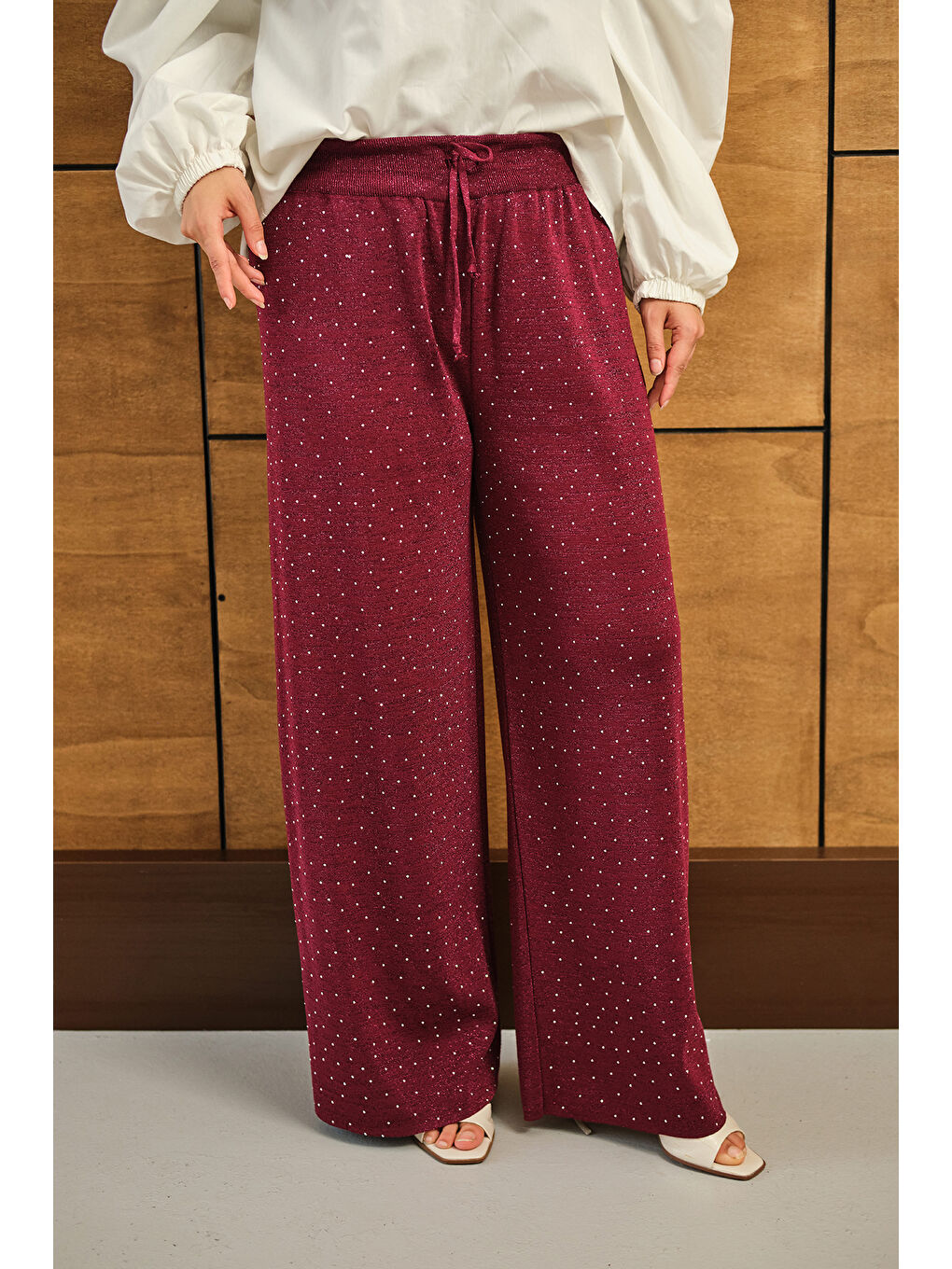 Kadın Sim Detay Taşlı Triko Pantolon Bordo-1