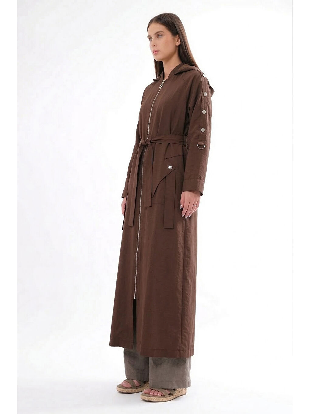 Kolu Çıtçıt Detay Önden Fermuarlı Safari Kap Ceket 820 Kahverengi-2