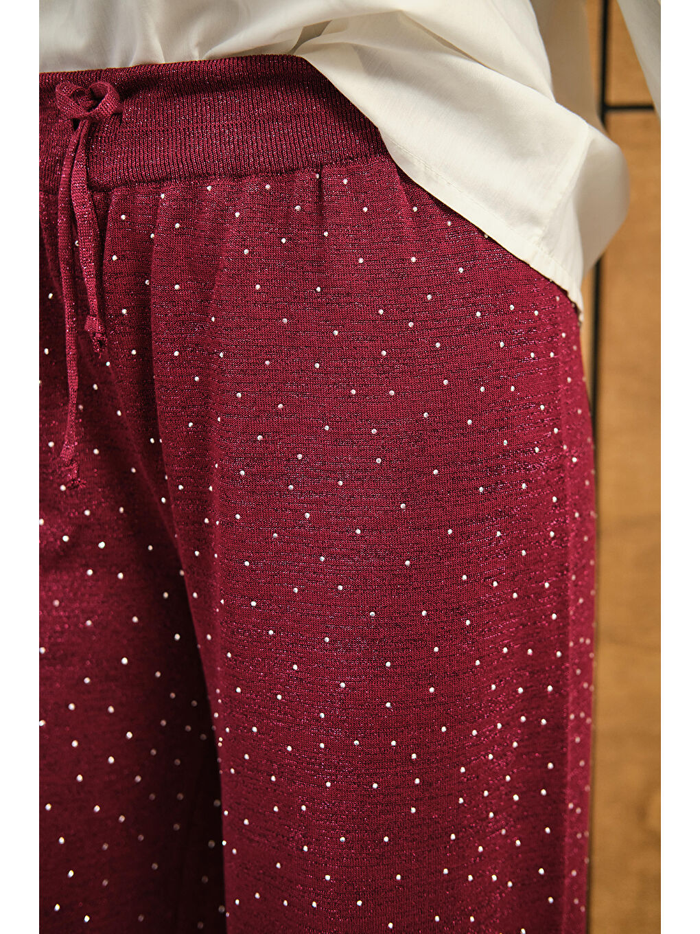 Kadın Sim Detay Taşlı Triko Pantolon Bordo-2