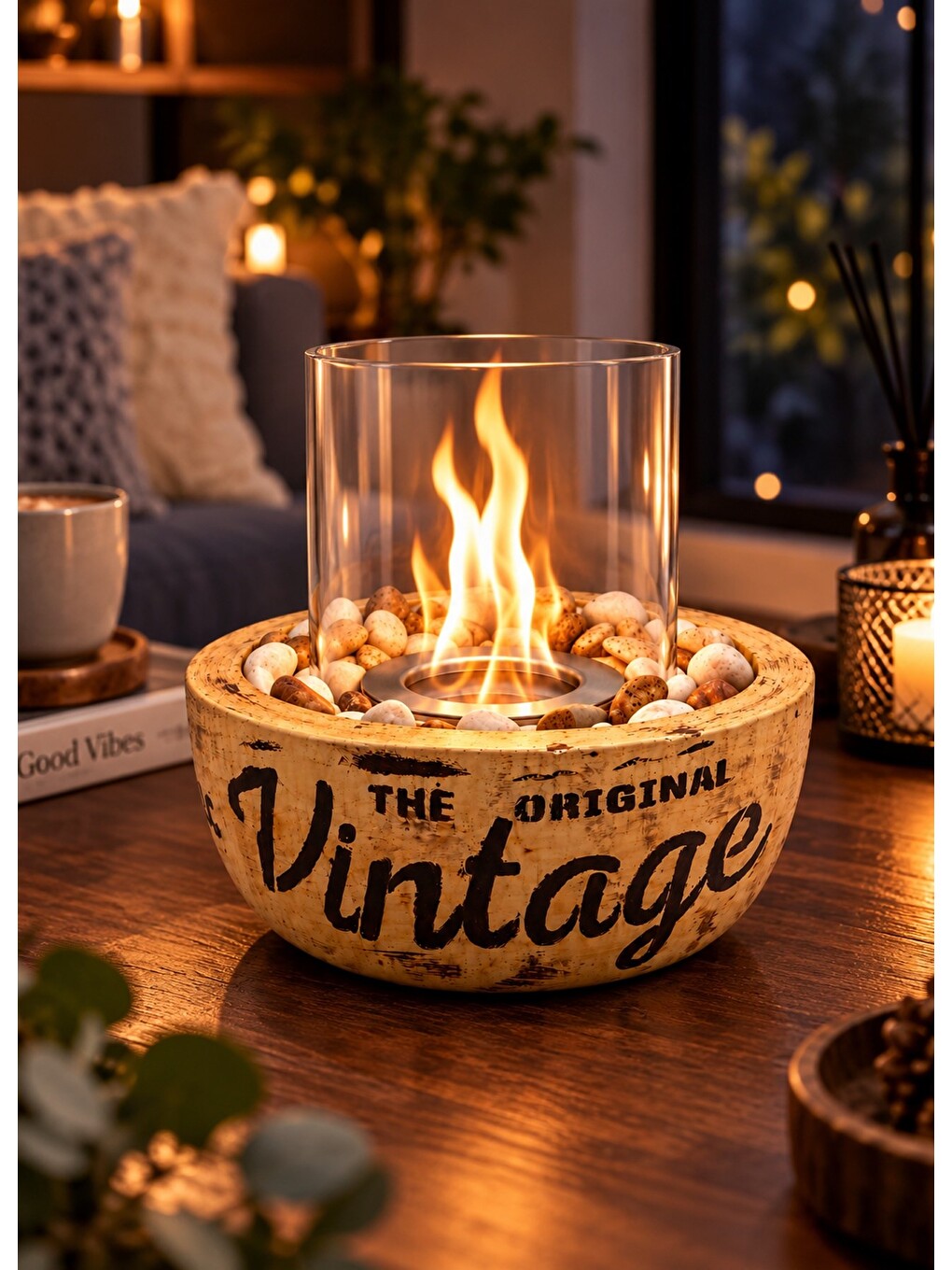 Home-300c Cam Hazneli Vintage Eskitme Desen El Yapımı Masa Şöminesi Ateş Çukuru(500ml Bioeth-3