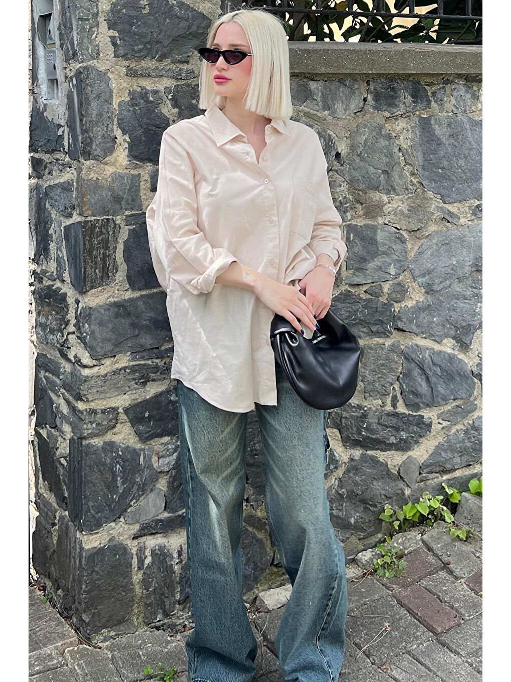 Bej Oversize Basic Cepli Poplin Gömlek Mg1530