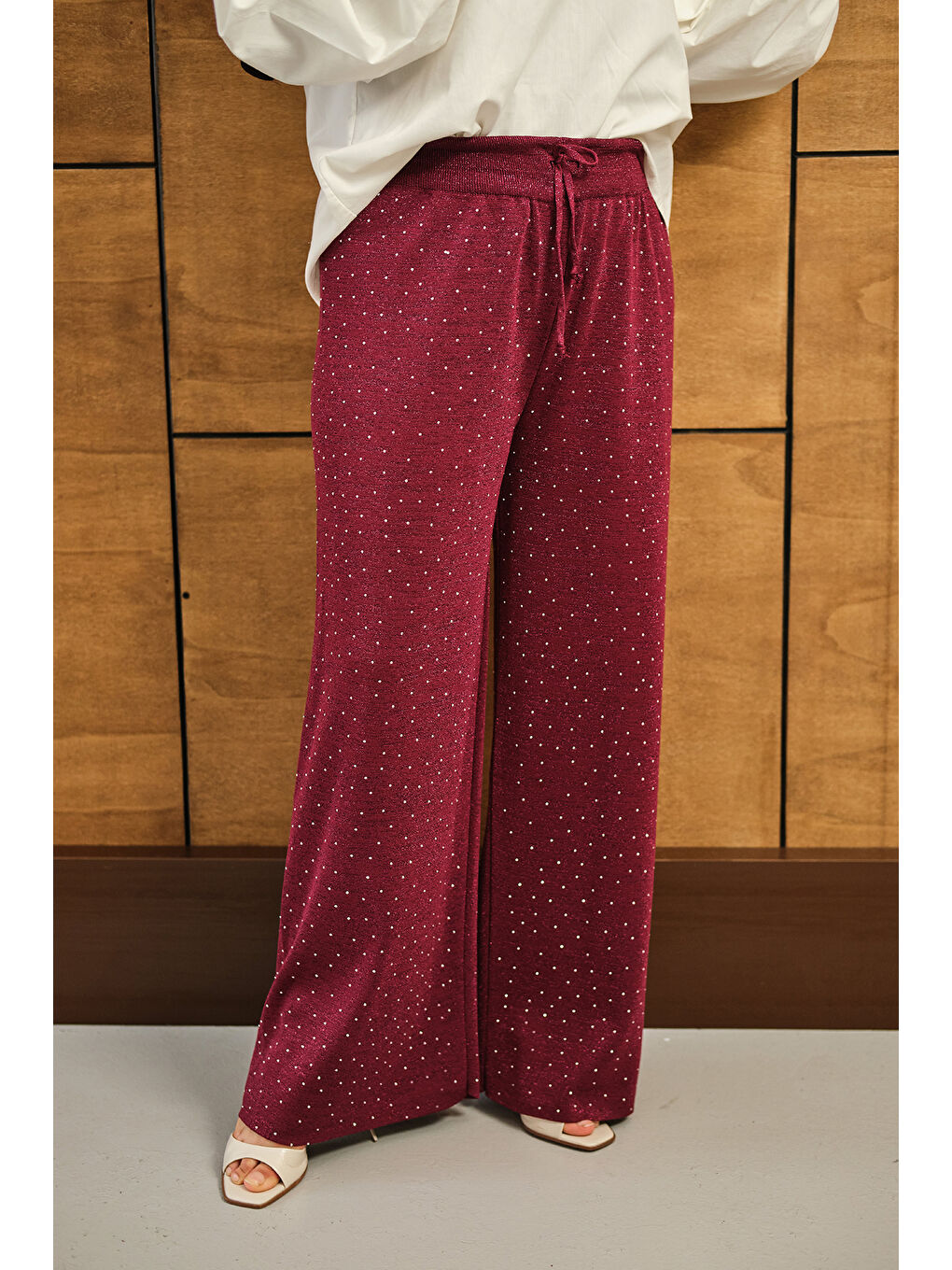 Kadın Sim Detay Taşlı Triko Pantolon Bordo-3