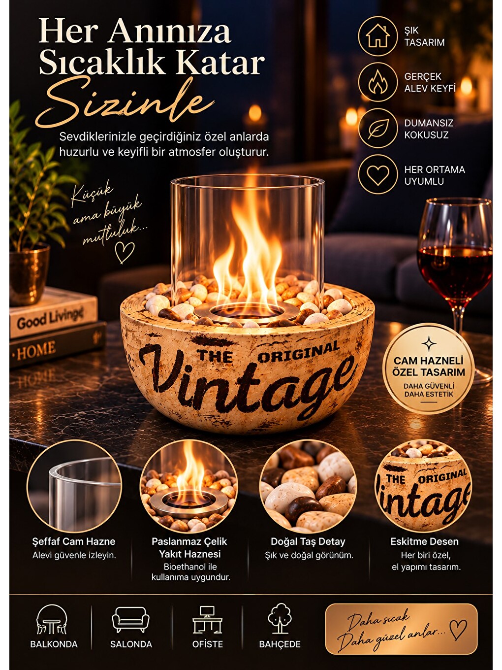 Home-300c Cam Hazneli Vintage Eskitme Desen El Yapımı Masa Şöminesi Ateş Çukuru(500ml Bioeth-6