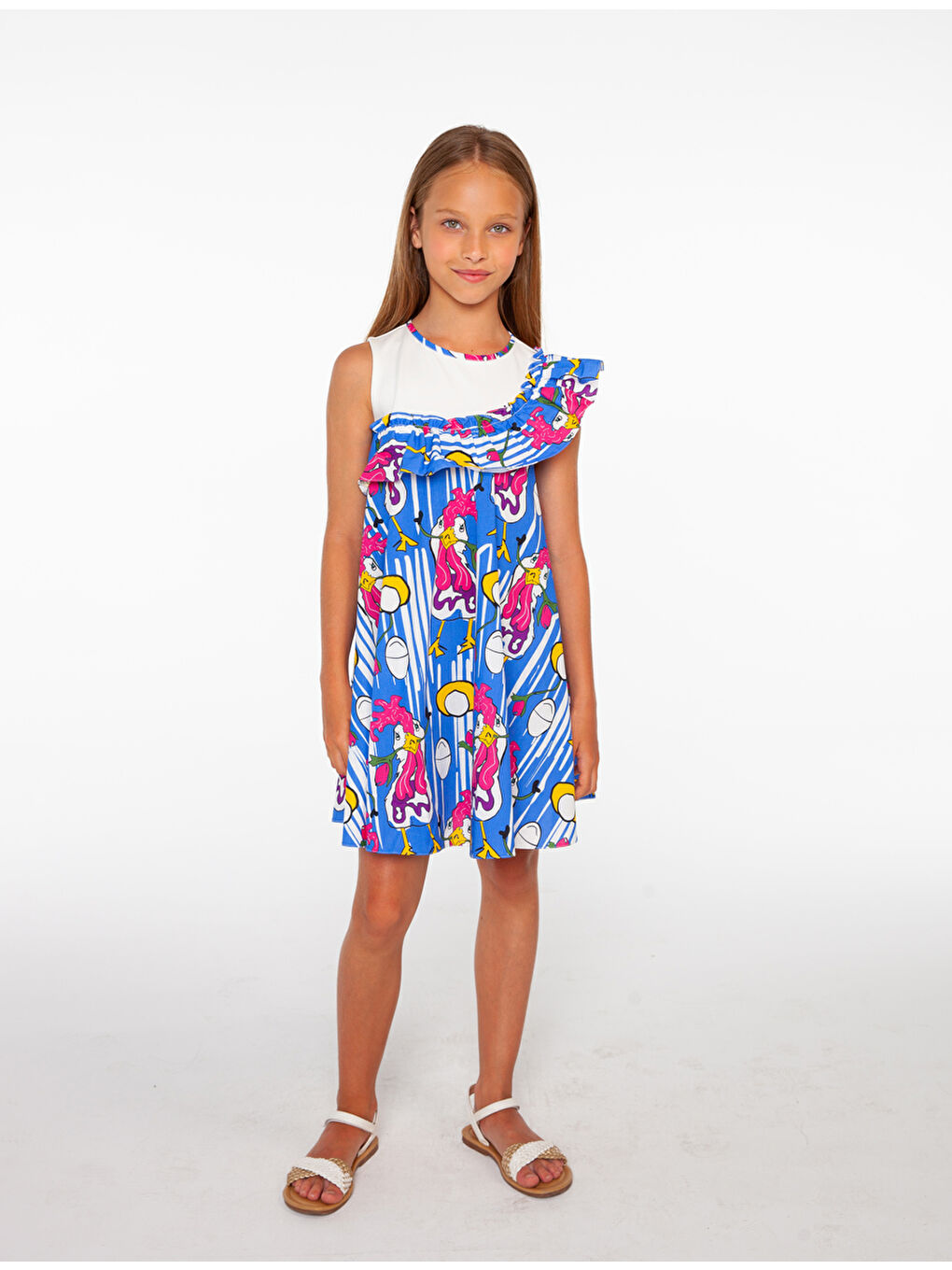 Mavi Horoz Desenli, Rahat Kalıp Kız Çocuk Elbise