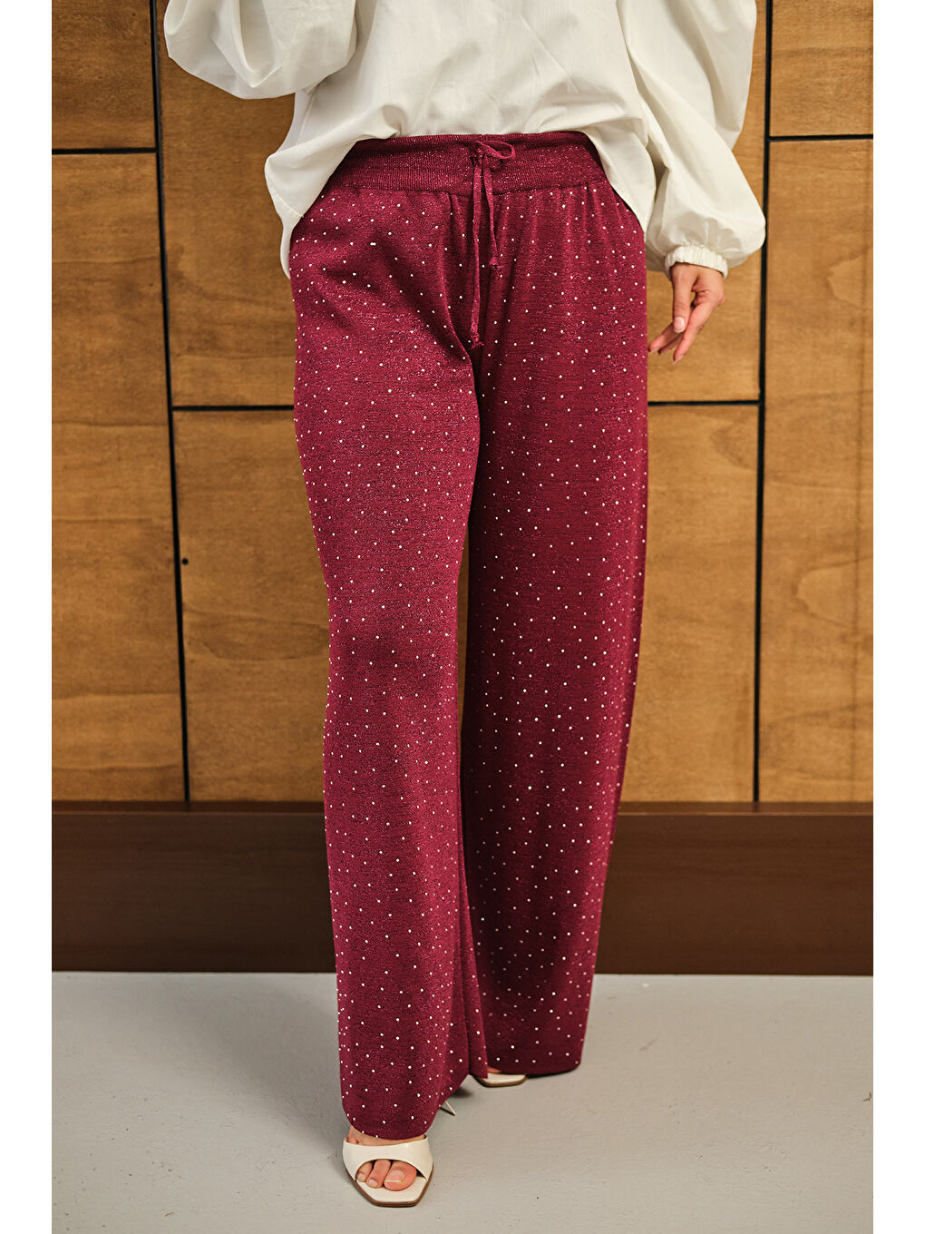 Kadın Sim Detay Taşlı Triko Pantolon Bordo-4