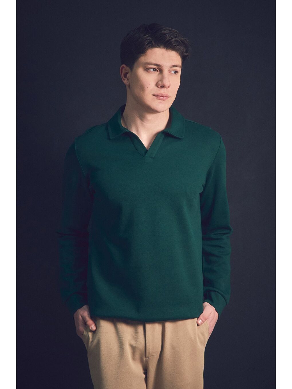 Yeşil Basic Gömlek Yaka Sweatshirt