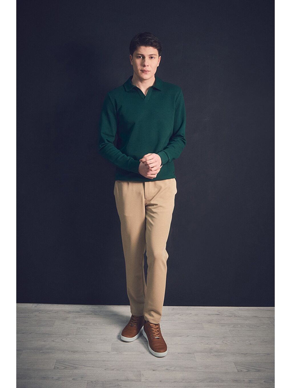 Yeşil Basic Gömlek Yaka Sweatshirt-1