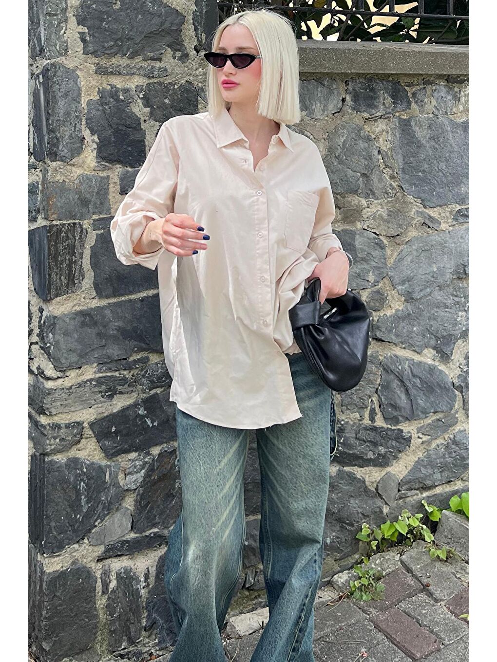 Bej Oversize Basic Cepli Poplin Gömlek Mg1530-1
