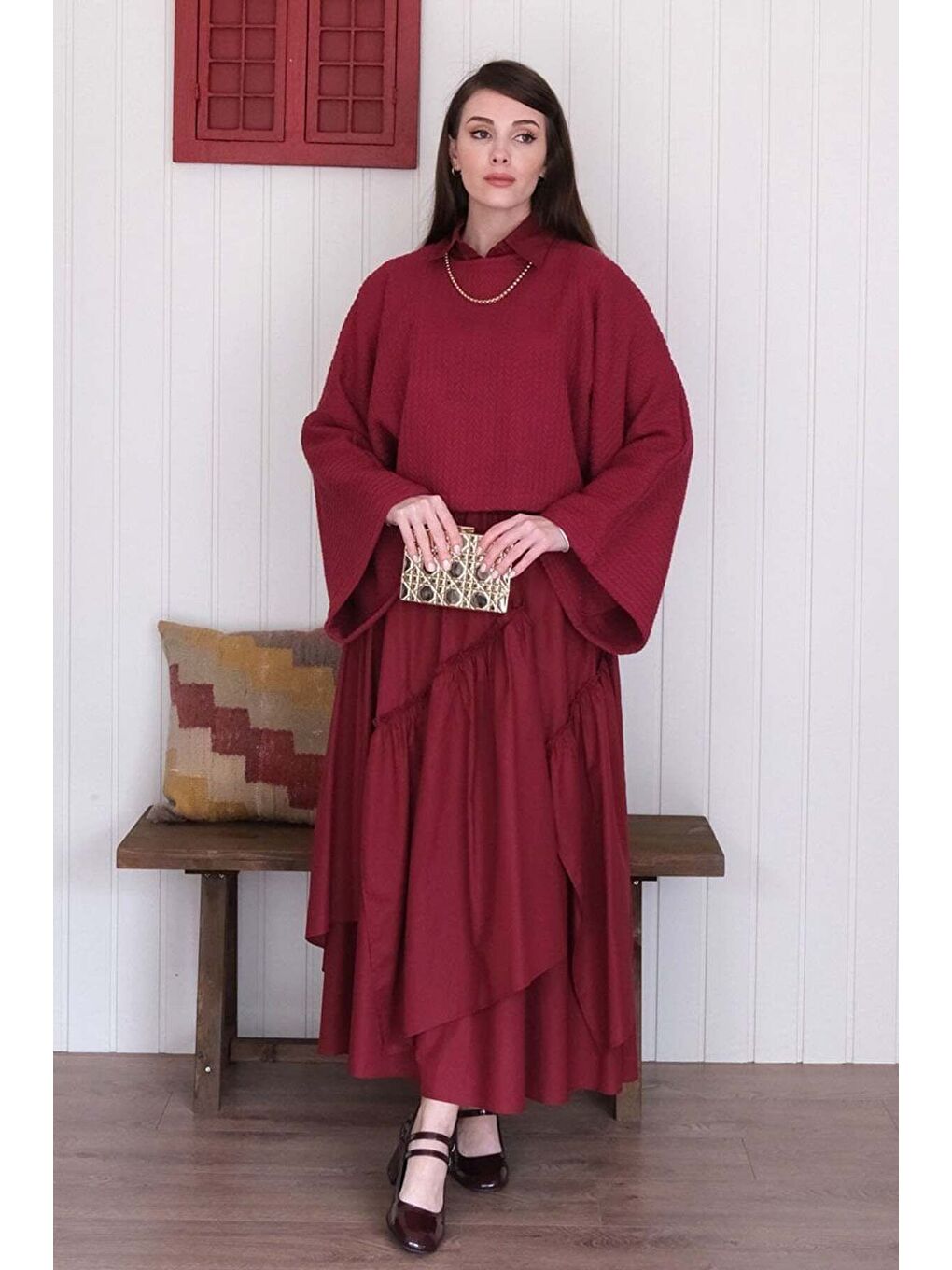 Bordo Yarasa Kol Triko Crop Bordo Kat Detay Bohem Etek