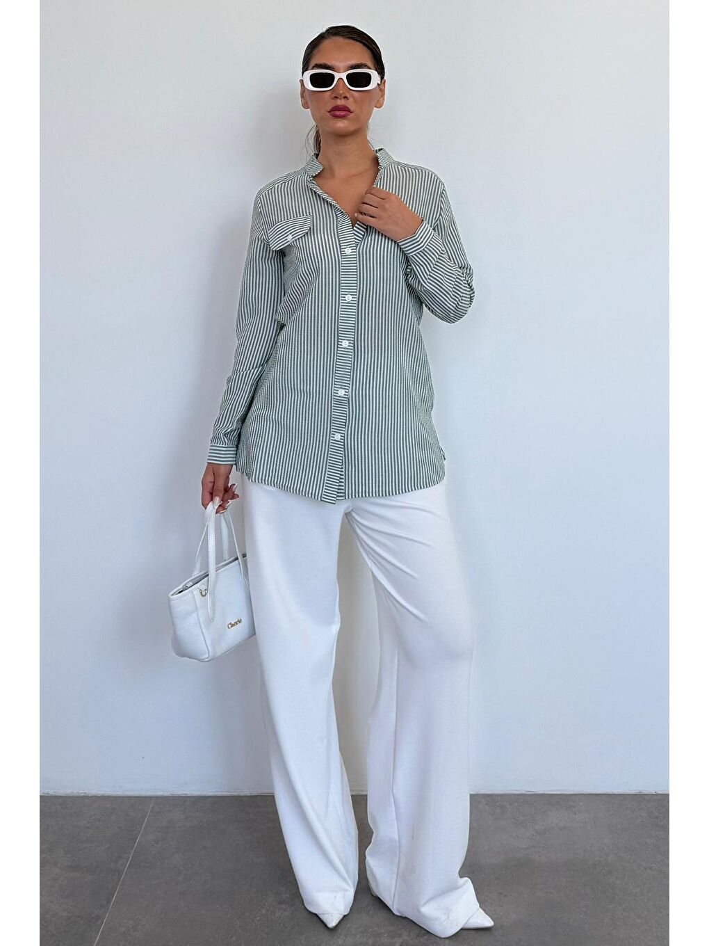 Yeşil Çizgili Gofre Kumaş Kadın Oversize Gömlek Mg1666