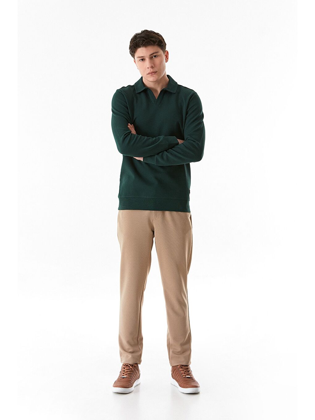 Yeşil Basic Gömlek Yaka Sweatshirt-3