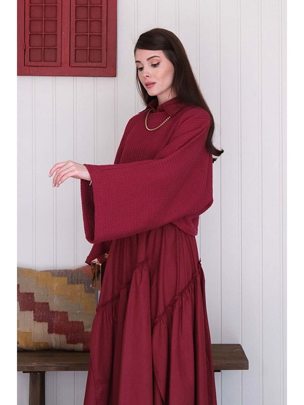 Bordo Yarasa Kol Triko Crop Bordo Kat Detay Bohem Etek-2