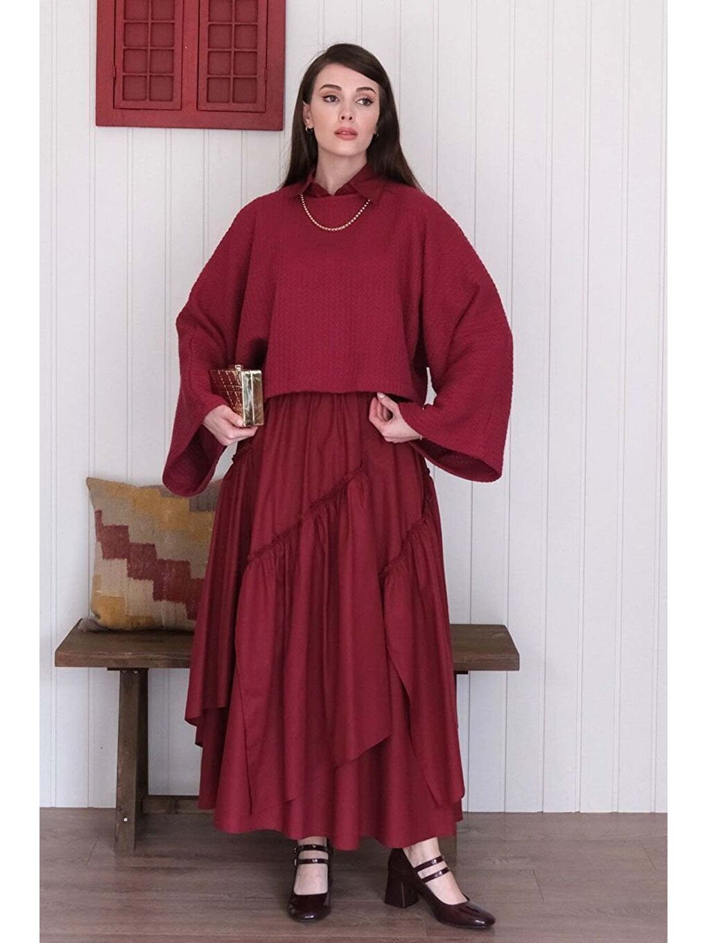 Bordo Yarasa Kol Triko Crop Bordo Kat Detay Bohem Etek-3