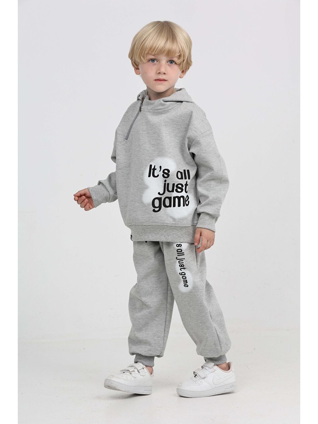 Gri Erkek Çocuk Yaka Fermuarlı Eşofman Takım-1