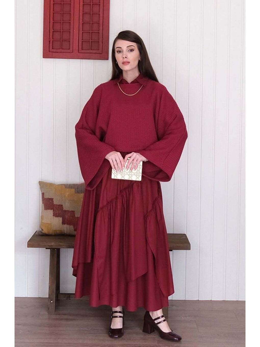 Bordo Yarasa Kol Triko Crop Bordo Kat Detay Bohem Etek-4